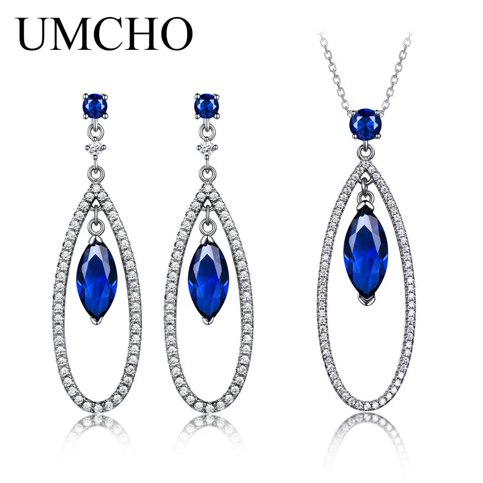 UMCHO 925 Sterling Silver Jewelry Sets Elegant Blue Sapphire Pendant Necklace Drop Earrings For Women Wedding Christmas Gift New