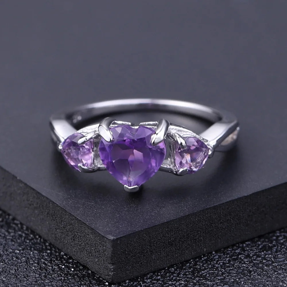 GEM'S BALLET 925 Sterling Silver February Birthstone Ring 1.71Ct Natural Amethyst Heart Rings For Women Valentine's Day Jewelry