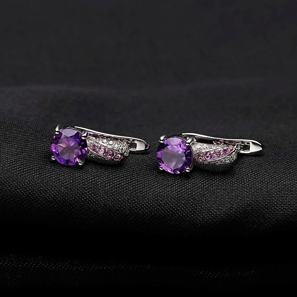 GEM&#39;S BALLET Round Natural Amethyst Dark Purple Fine Jewelry Sets Pure 925 Sterling Silver Earrings Ring Set For Women Wedding