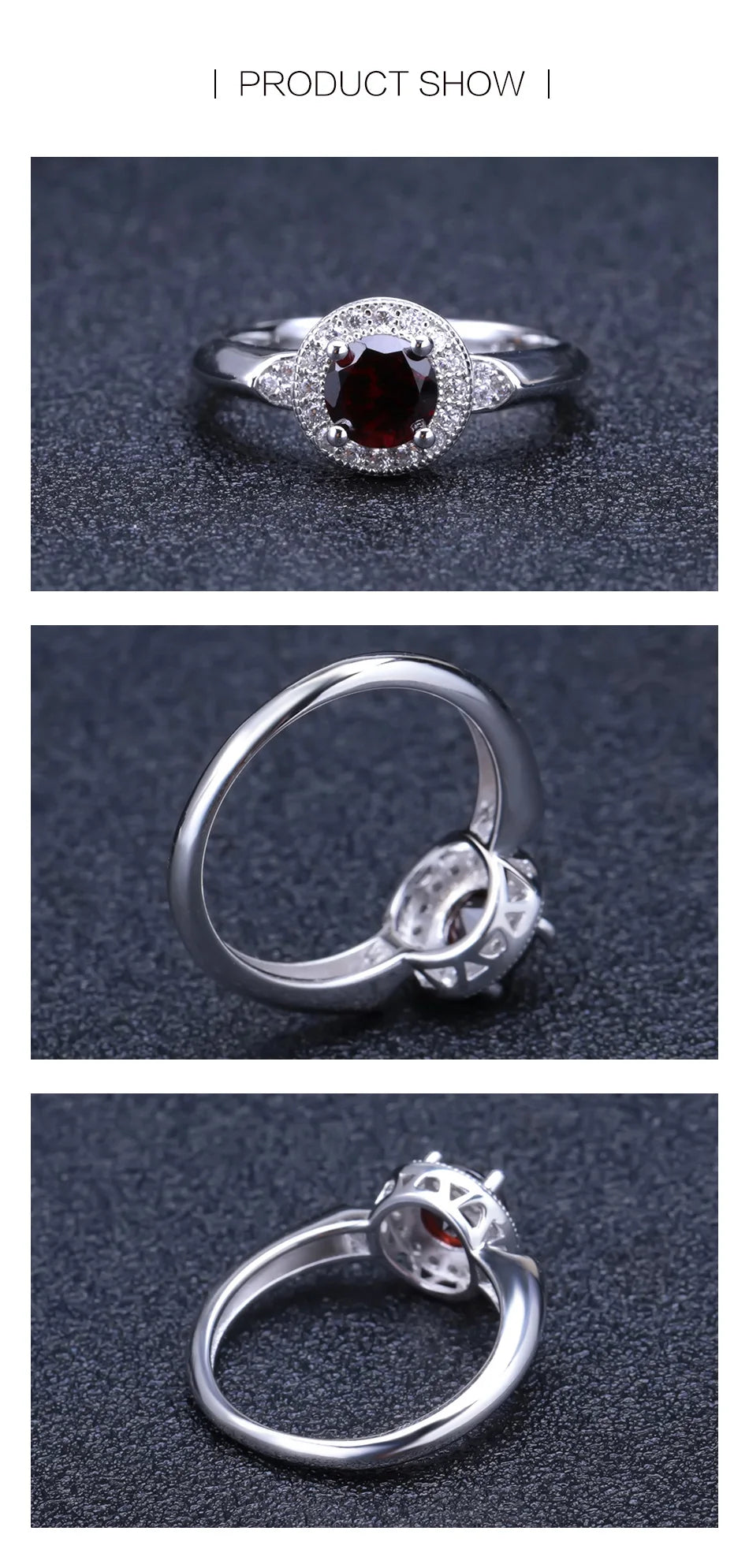 Anillo de granate rojo natural redondo de 1,05 quilates de GEM'S BALLET, plata de ley 925, anillos de boda clásicos para mujer, joyería fina