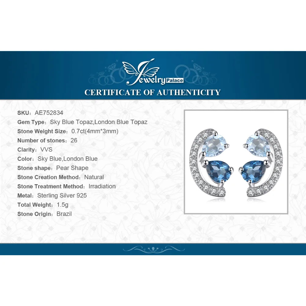 JewelryPalace Pear Natural Sky London Blue Topaz 925 Sterling Silver Stud Earrings for Woman Statement Fashion Gemstone Jewelry
