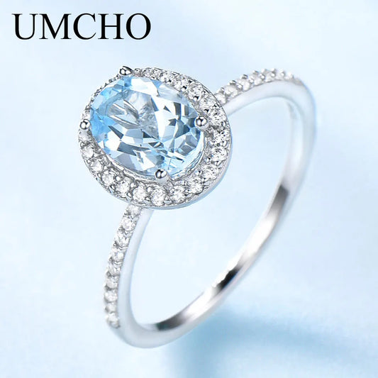 UMCHO Sky Blue Topaz Gemstone Rings for Women Genuine 925 Sterling Silver Ring Oval Romantic Gift Luxury Engagement Jewelry