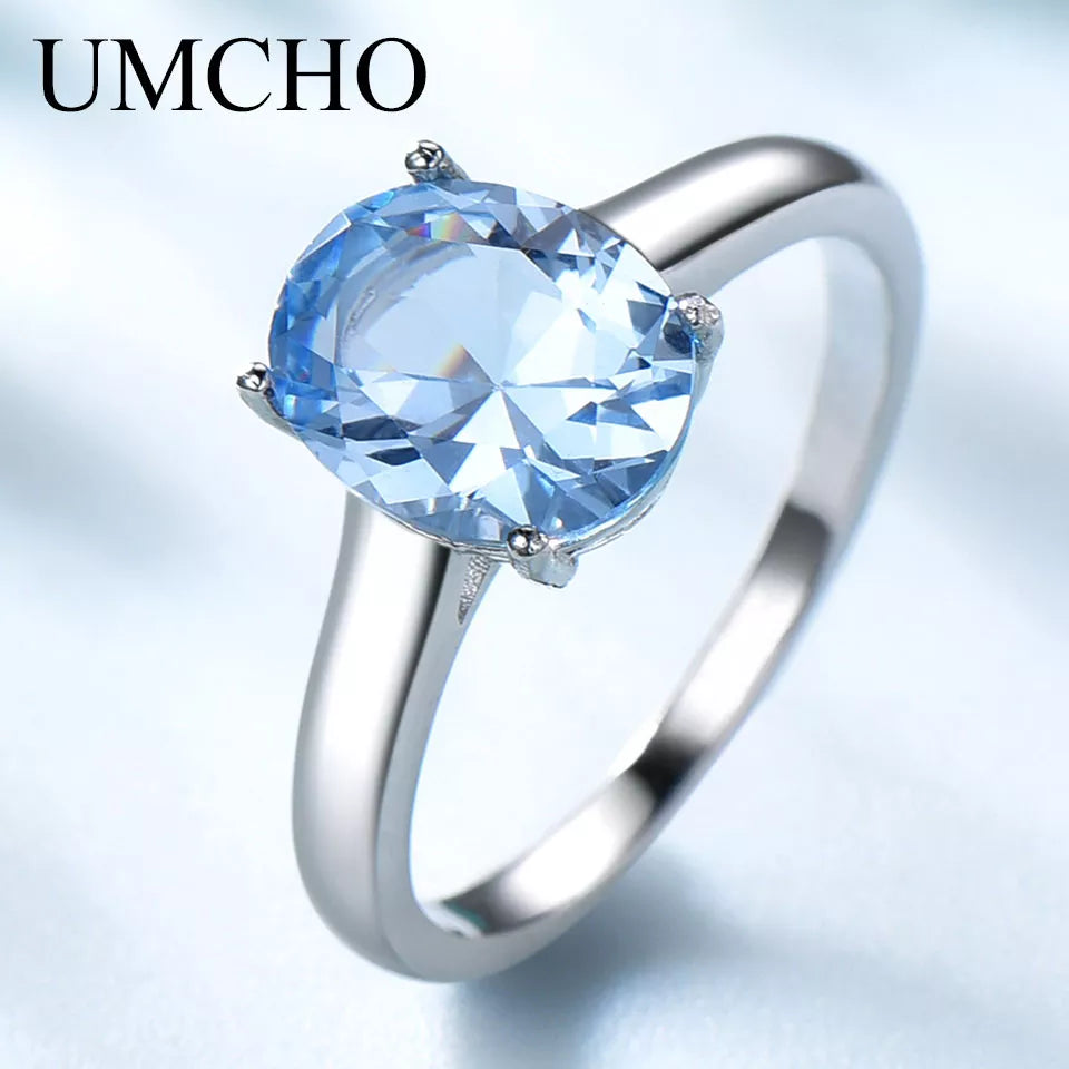 UMCHO Genuine 925 Sterling Silver Rings for Women Blue Topaz Gemstone Engagement Wedding Ring Birthstone Romantic Fine Jewelry