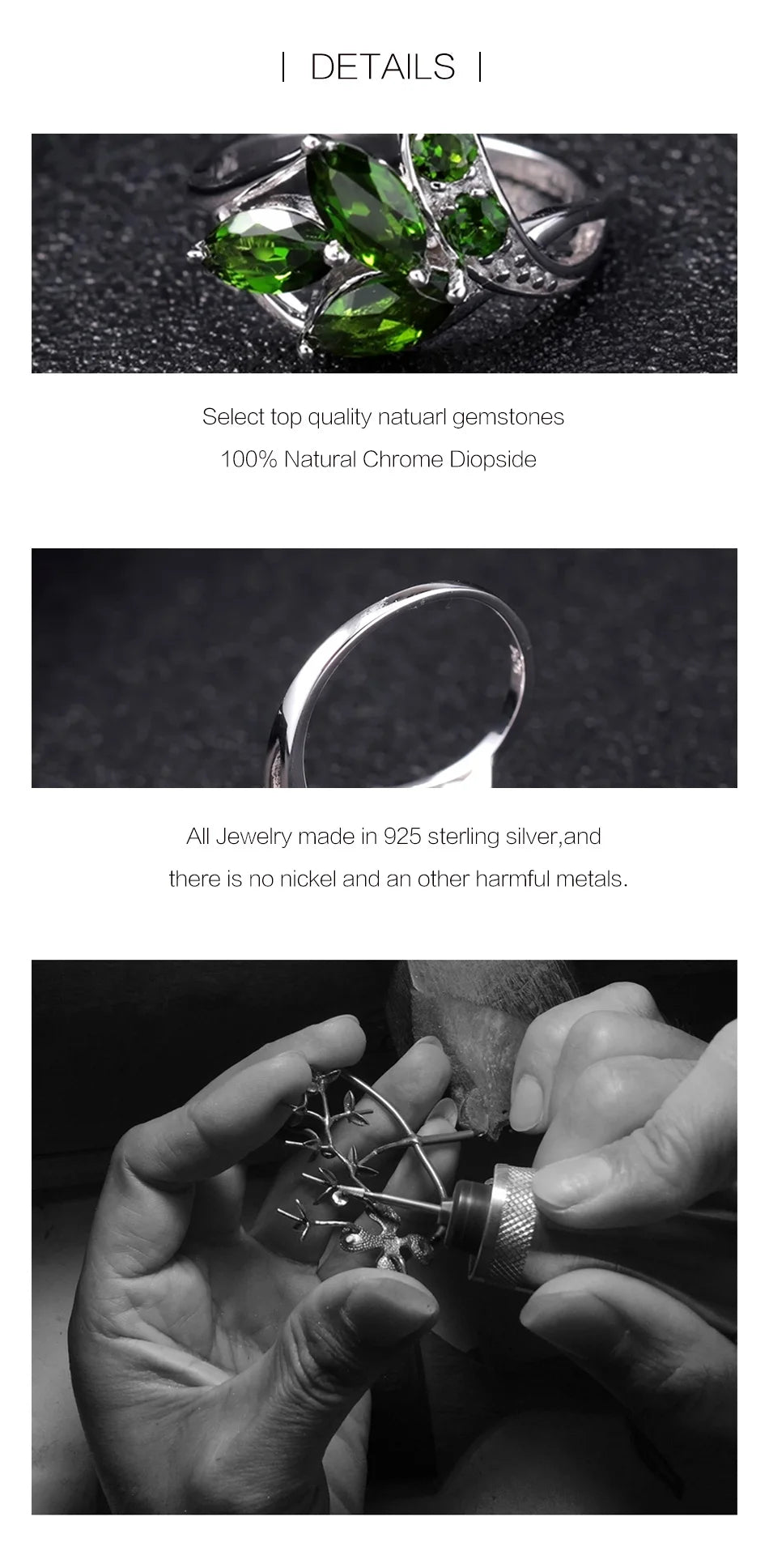 Anillo de plata de ley 925 con diópsido de cromo natural de 2,15 quilates de GEM'S BALLET. Anillo con forma de hoja. Joyería fina para mujer.