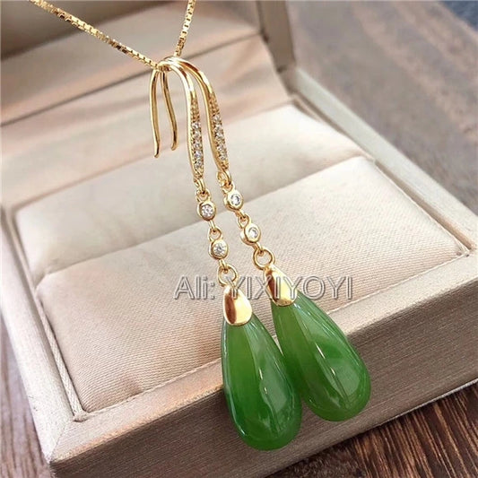Beautiful 925 Silver Green HeTian Jade Oval Dropping Beads Drop Dangle Gold Earrings Girl's Lucky Charm Ear Jewelry Certificate Default Title