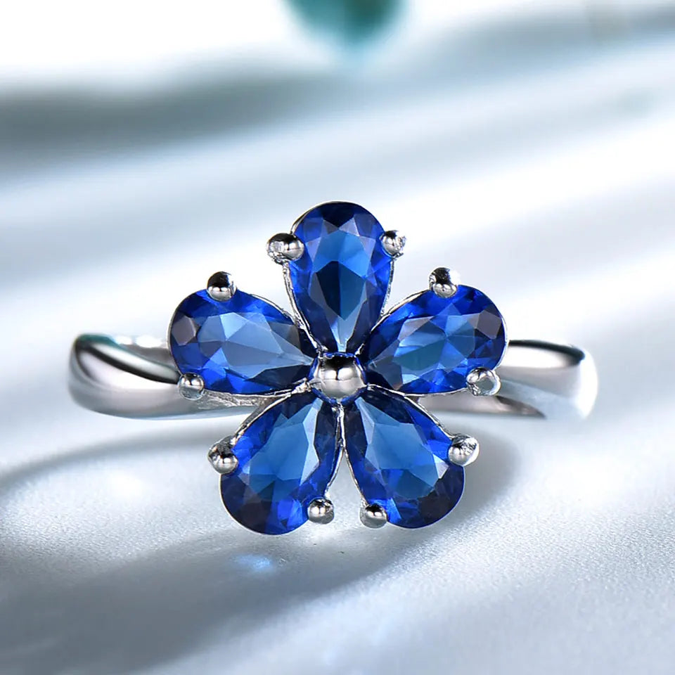 UMCHO Gemstone Blue Sapphire Rings for Women Genuine 925 Sterling Silver Flower Party Wedding Engagement Fine Jewelry Party Gift