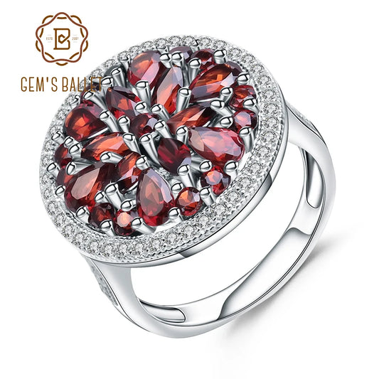 GEM'S BALLET 3.88Ct Round Natural Red Garnet Gemstone Ring 925 Sterling Silver Vintage Cocktail Rings for Women Fine Jewelry