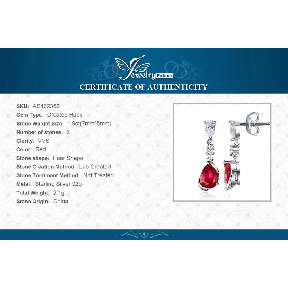 JewelryPalace 1.9ct Pear Created Red Ruby 925 Sterling Silver Drop Earrings for Woman Fashion Gemstone Jewelry Anniversary Gift