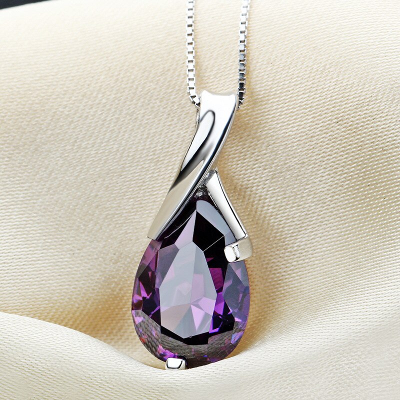 100%925 Sterling Silver Necklace Austria Amethyst Pendant Silver Chain For Women High Jewelry