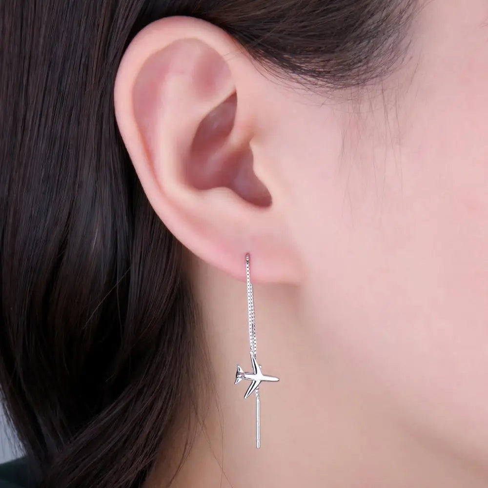 JewelryPalace Airplane 925 Sterling Silver Drop Dangle Earrings Cute Long Thread Earrings for Women Girl Fashion Jewelry