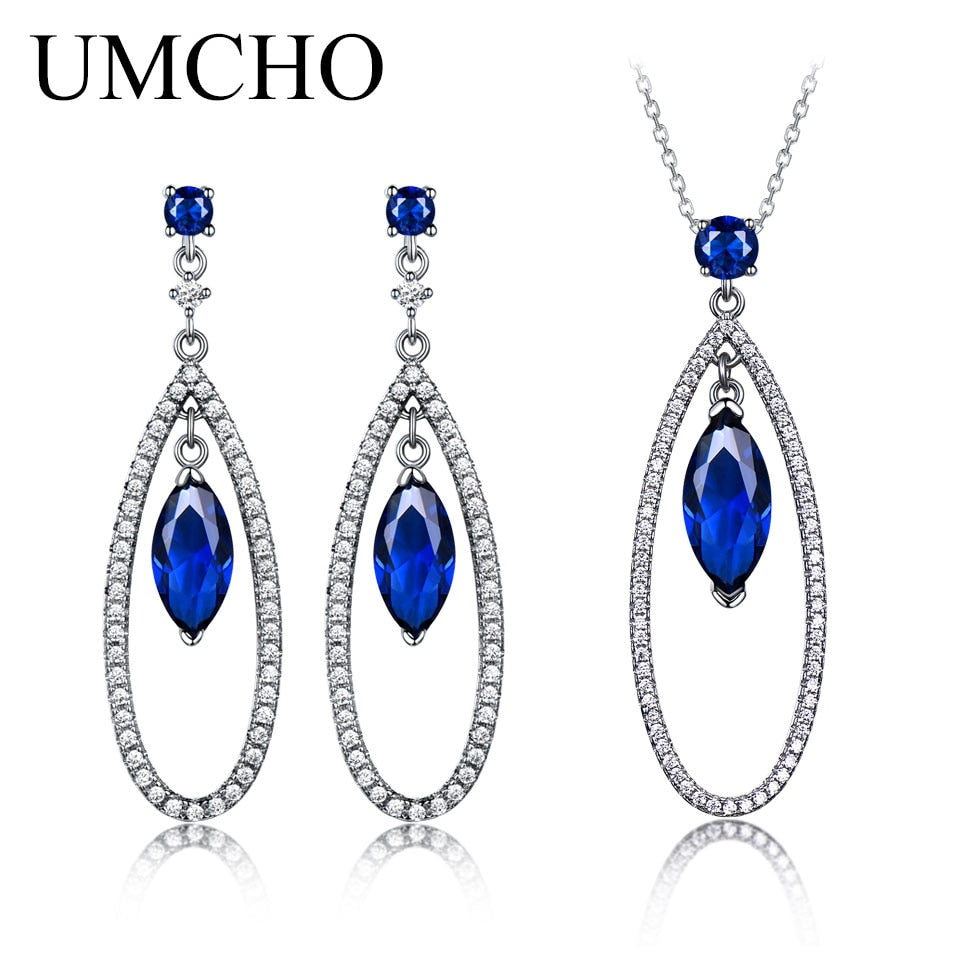 UMCHO 925 Sterling Silver Jewelry Sets Elegant Blue Sapphire Pendant Necklace Drop Earrings For Women Wedding Christmas Gift New Default Title