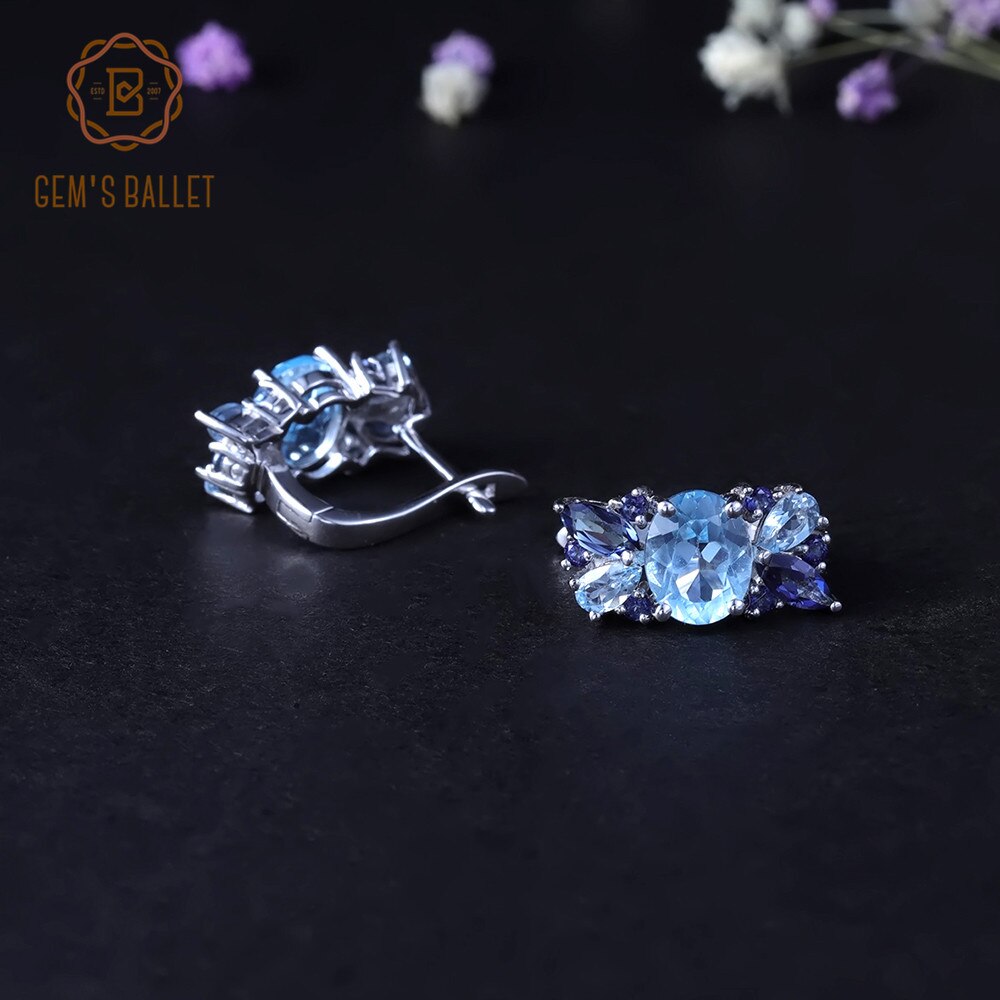 GEM&#39;S BALLET Natural Sky Blue Topaz Mystic Quartz Flower Stud Earrings 100% 925 Sterling Silver Earrings For Women Fine Jewelry