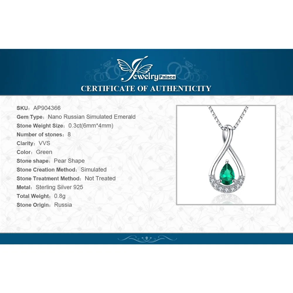 JewelryPalace Pear Simulated Nano Emeralds 925 Sterling Silver Pendant Necklace for Women Statement Gemstone Choker No Chain