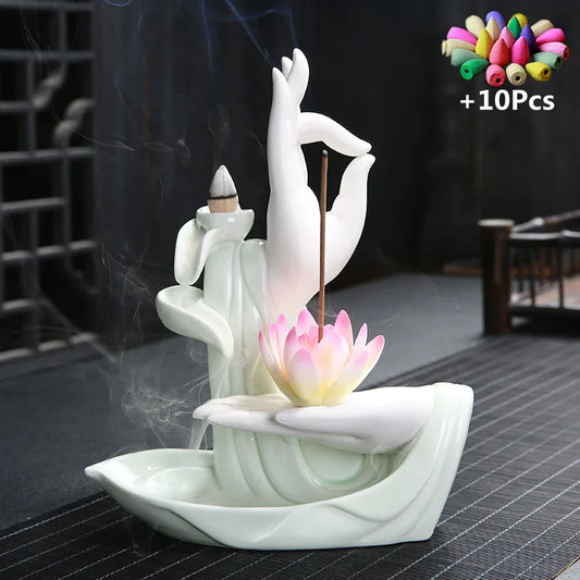 Gift 10Cones White Ceramic Incense Censer Buddha Hand Backflow Incense Burner Lotus Incense Stick Holder