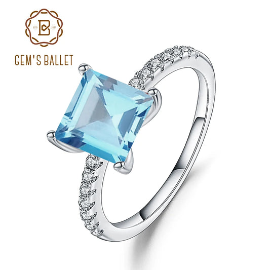 Gem's Ballet 1.49Ct Square Natural Sky Blue Topaz Gemstone Ring 925 Sterling Silver Solitaire Engagement Classic Rings For Women