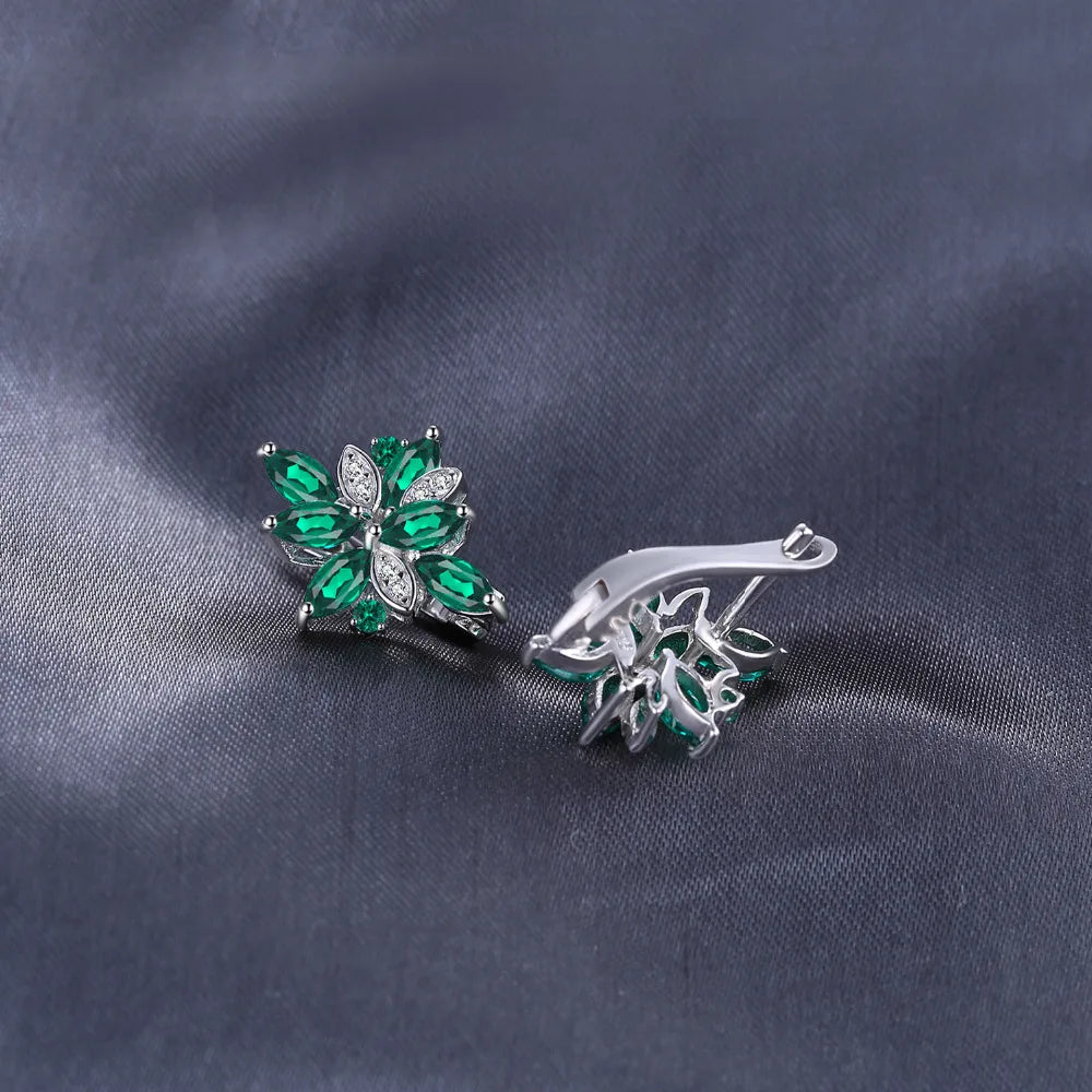 JewelryPalace Flower 2.4ct Green Simulated Nano Emerald 925 Sterling Silver Dangle Clip Earrings for Women Gemstone Jewelry