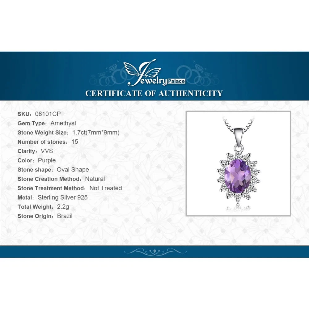 JewelryPalace 1.7ct Diana Natural Amethyst 925 Sterling Silver Pendant Necklace for Women Fashion Trendy Fine Jewelry No Chain