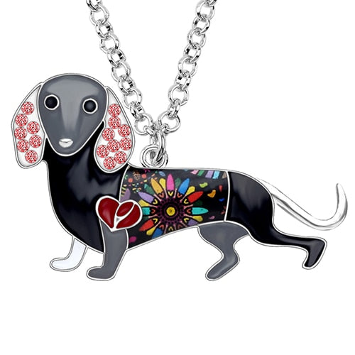 Bonsny Enamel Alloy Crystal Rhinestone Dachshund Dog Necklace Pendant Chain Choker Cartoon Animal Jewelry For Women Girls Gift Grey China