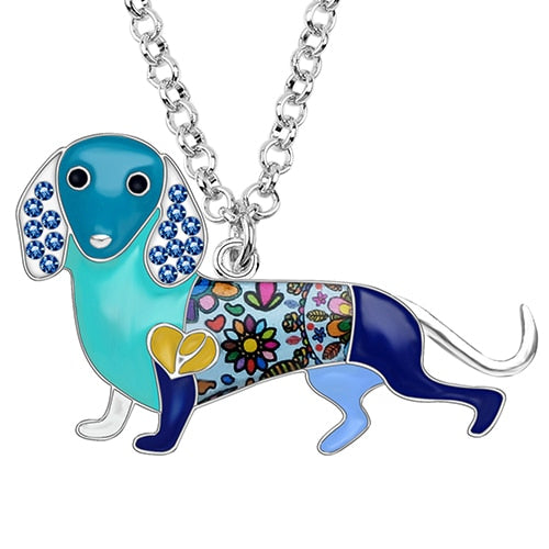 Bonsny Enamel Alloy Crystal Rhinestone Dachshund Dog Necklace Pendant Chain Choker Cartoon Animal Jewelry For Women Girls Gift Blue China