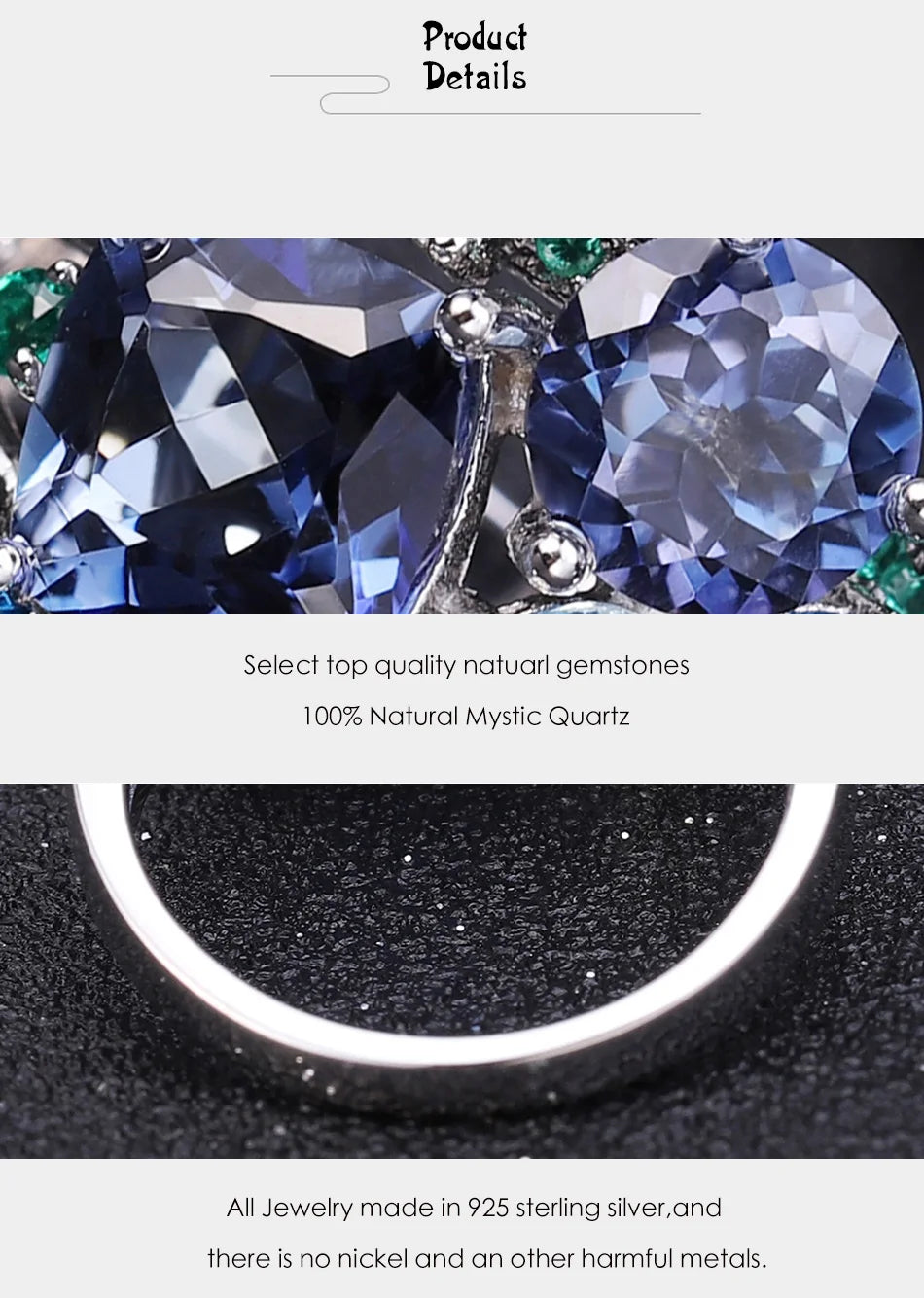 Anillo de plata de ley 925 con topacio de cuarzo místico natural de GEM'S BALLET, anillos llamativos para mujer, bisutería de boda