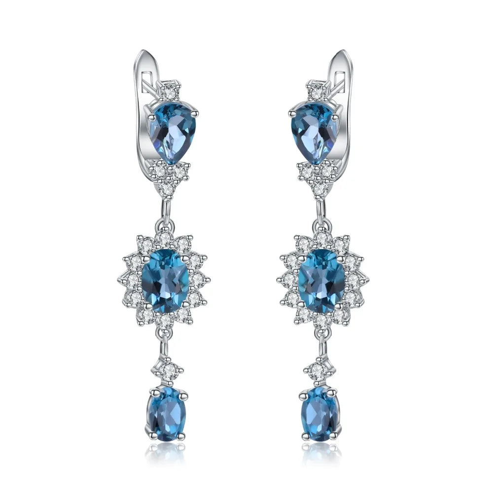 GEM'S BALLET 4.88Ct Natural London Blue Topaz Gemstone Drop Earrings 925 Sterling Silver Flower Earrings for Women Fine Jewelry