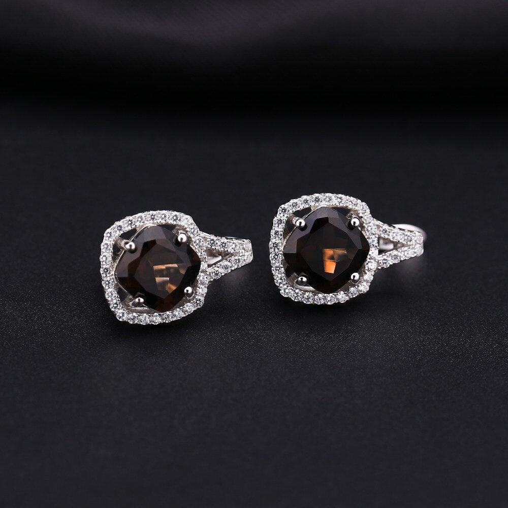 GEM&#39;S BALLET Geometric Fine 9.6Ct Natural Smoky Quartz Jewelry Set For Women Wedding 925 Sterling Silver Earrings Ring Set