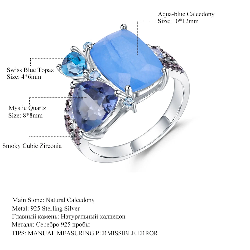 GEM'S BALLET Natural Aqua blue Calcedony Rings 925 Sterling Silver Gemstone Vintage Ring for Women Bijoux Fine Jewelry