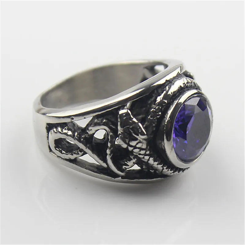 Purple Cz Crystal Gem Snake Fashion Men's 316L Stainless Steel Biker Ring Men's Jewelry 8