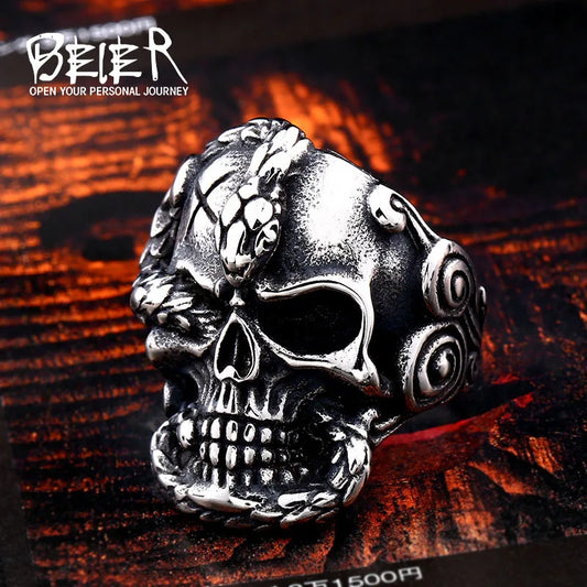 Beier new store 316L Stainless Steel Devil Skull Men's Rings Death Snake Punk Rock Fashion high quality Gifts LLBR8-652R