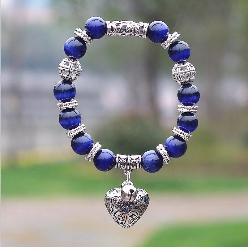 10mm Opal Obsidian Tiger Eye Natural Stone Bracelet with Heart Pendant Charms Strand Bracelet DIY Beaded Bracelet for Women Men dark blue