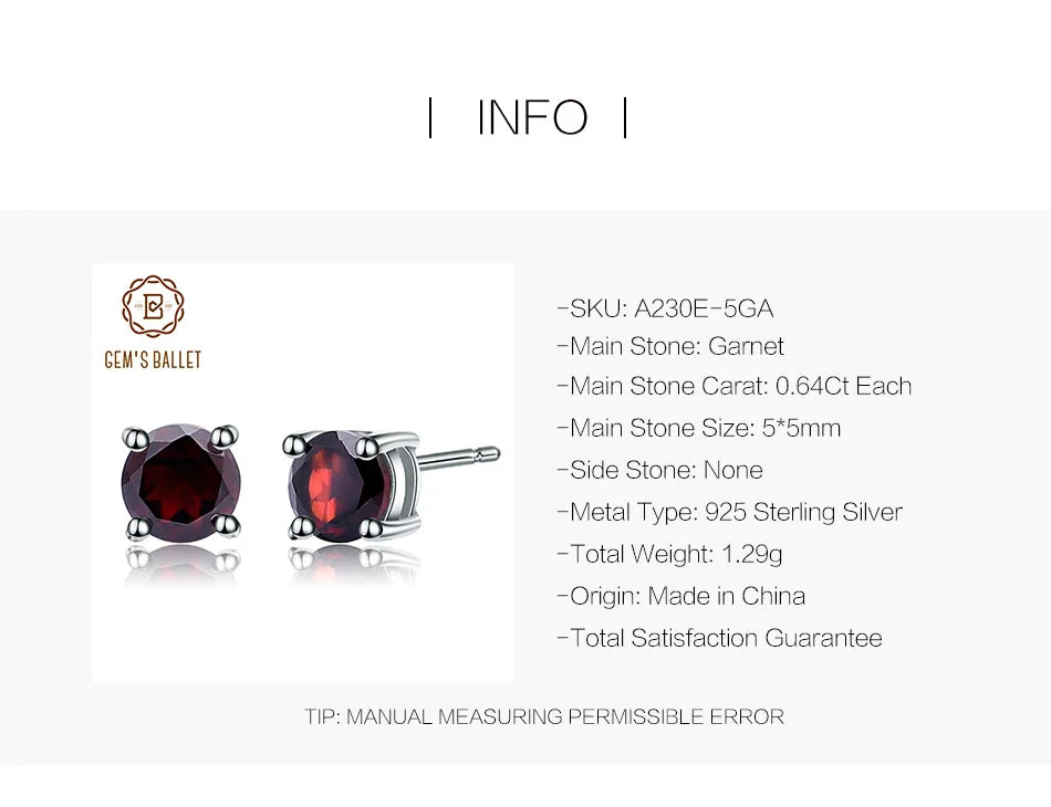 Gem's Ballet 5mm 1.28Ct Round Natural Red Garnet Gemstone Stud Earrings Genuine 925 Sterling Silver Fashion Jewelry for Women