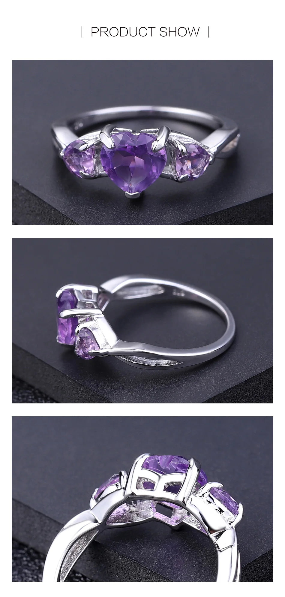 GEM'S BALLET 925 Sterling Silver February Birthstone Ring 1.71Ct Natural Amethyst Heart Rings For Women Valentine's Day Jewelry