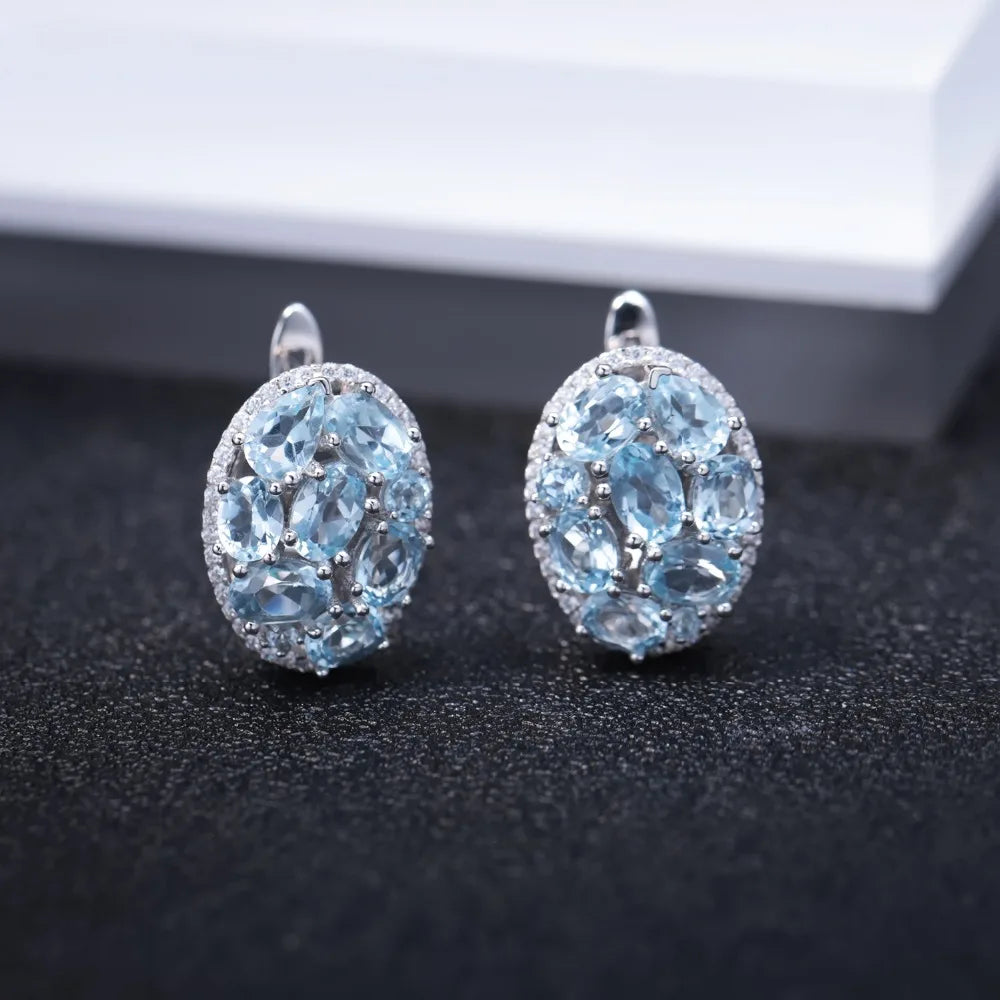 GEM'S BALLET Natural Sky Blue Topaz Pure 925 Sterling Silver Oval Clip Earrings Women Gift Vintage Luxury Fine Costume Jewelry
