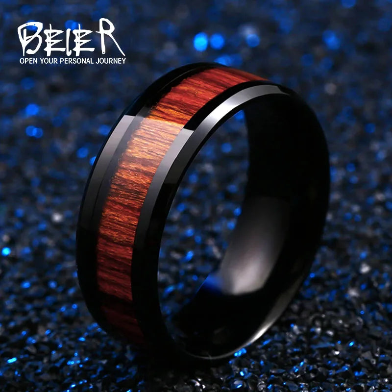 Beier 316L Stainless Steel minimalist red wood men and women wedding ring carve dragon pattern high quality jewelry LLBR-R077R