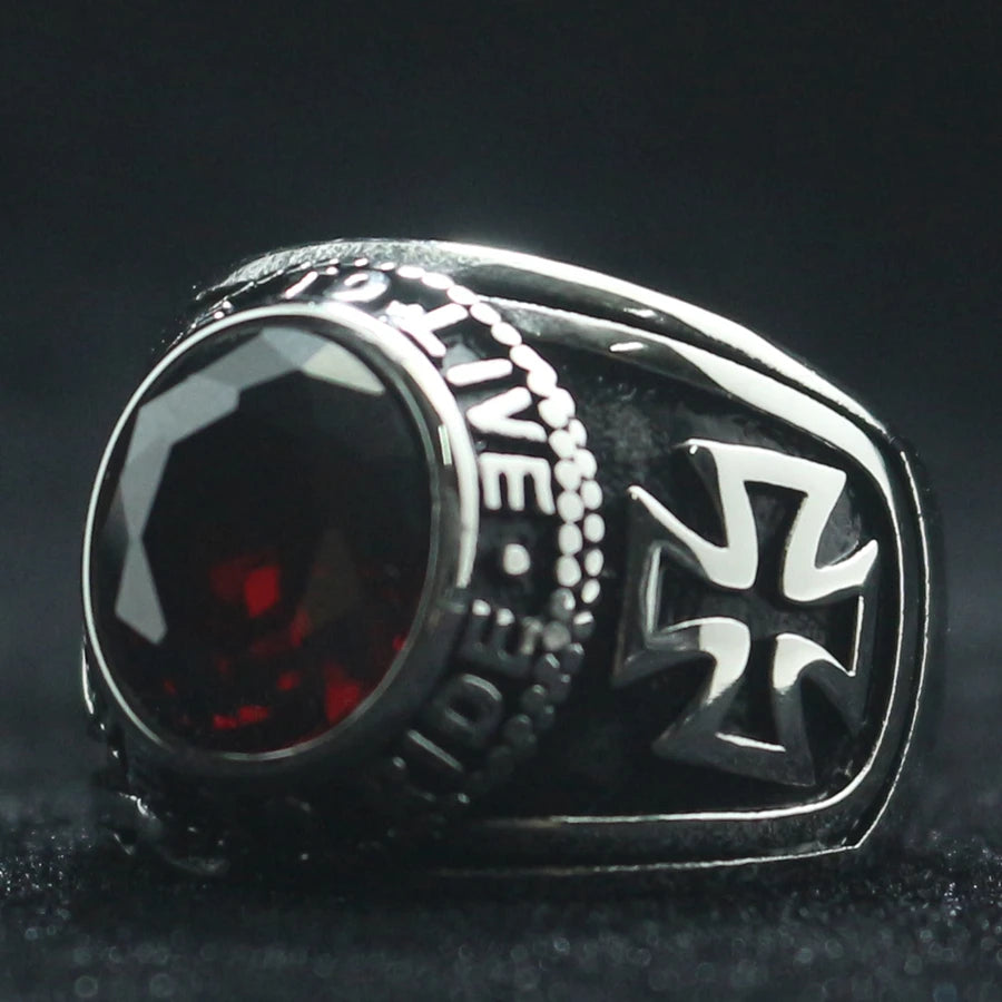 Rider Motorcycle Style Unisex 316L Stainless Steel Cool Ride To Live, Live To Live Cross Red Stone Classic Biker Ring