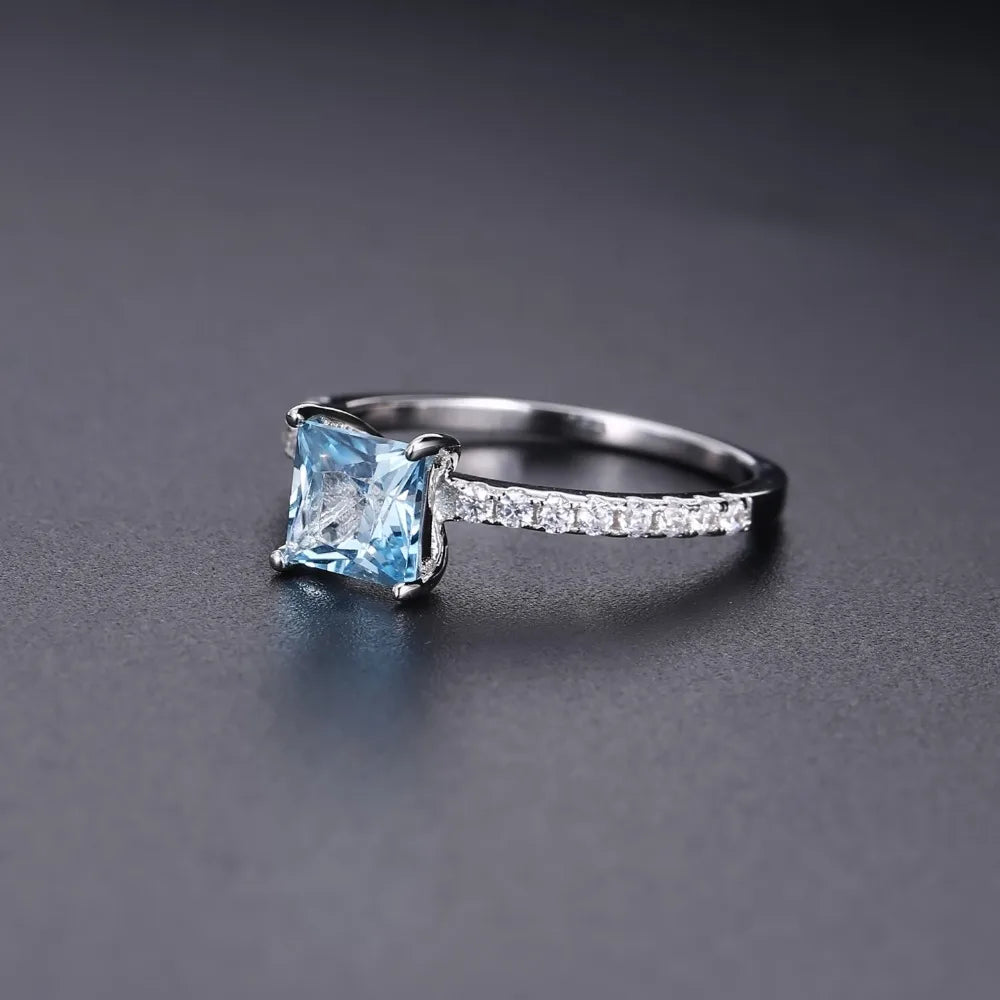 Gem's Ballet 1.49Ct Square Natural Sky Blue Topaz Gemstone Ring 925 Sterling Silver Solitaire Engagement Classic Rings For Women