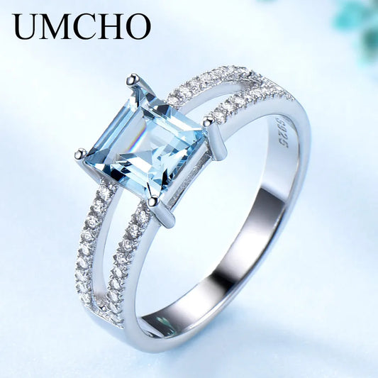 UMCHO Sky Blue Topaz Rings For Women 925 Sterling Silver Wedding Band Anniversary Dainty Ring Square Cut Gemstone Fine Jewelry