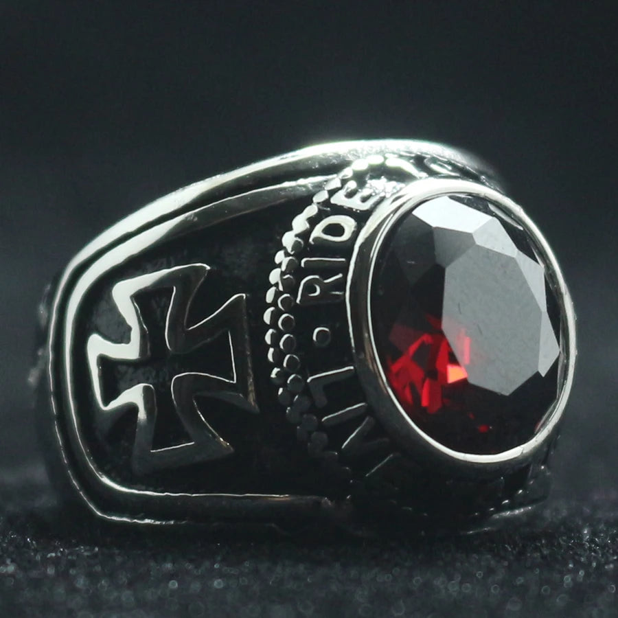 Rider Motorcycle Style Unisex 316L Stainless Steel Cool Ride To Live, Live To Live Cross Red Stone Classic Biker Ring