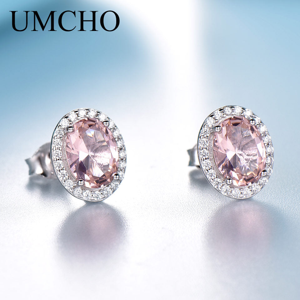 UMCHO Solid 925 Sterling Silver Stud Earrings For Women Rose Pink Sapphire Morganite Earrings Wedding Engagement Jewelry Gift