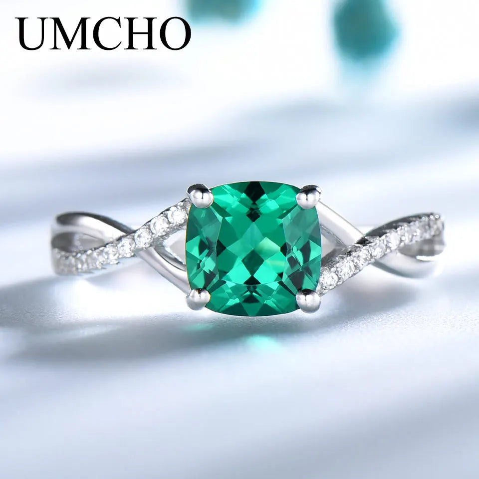 UMCHO Emerald Gemstone Rings for Women Solid 925 Sterling Silver Ring Silver Wedding Engagement Band Romantic Fine Jewelry Gift