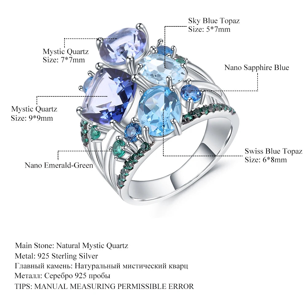 GEM'S BALLET Natural Mystic Quartz Topaz Gemstone Ring 925 Sterling Silver Statement Rings for Women Wedding Bijoux