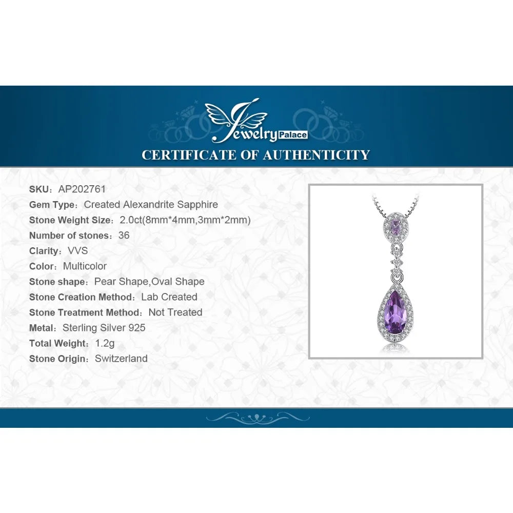 JewelryPalace 2ct Created Alexandrite Sapphire 925 Sterling Silver Fashion Drop Pendant Necklace for Woman Fine Jewelry No Chain