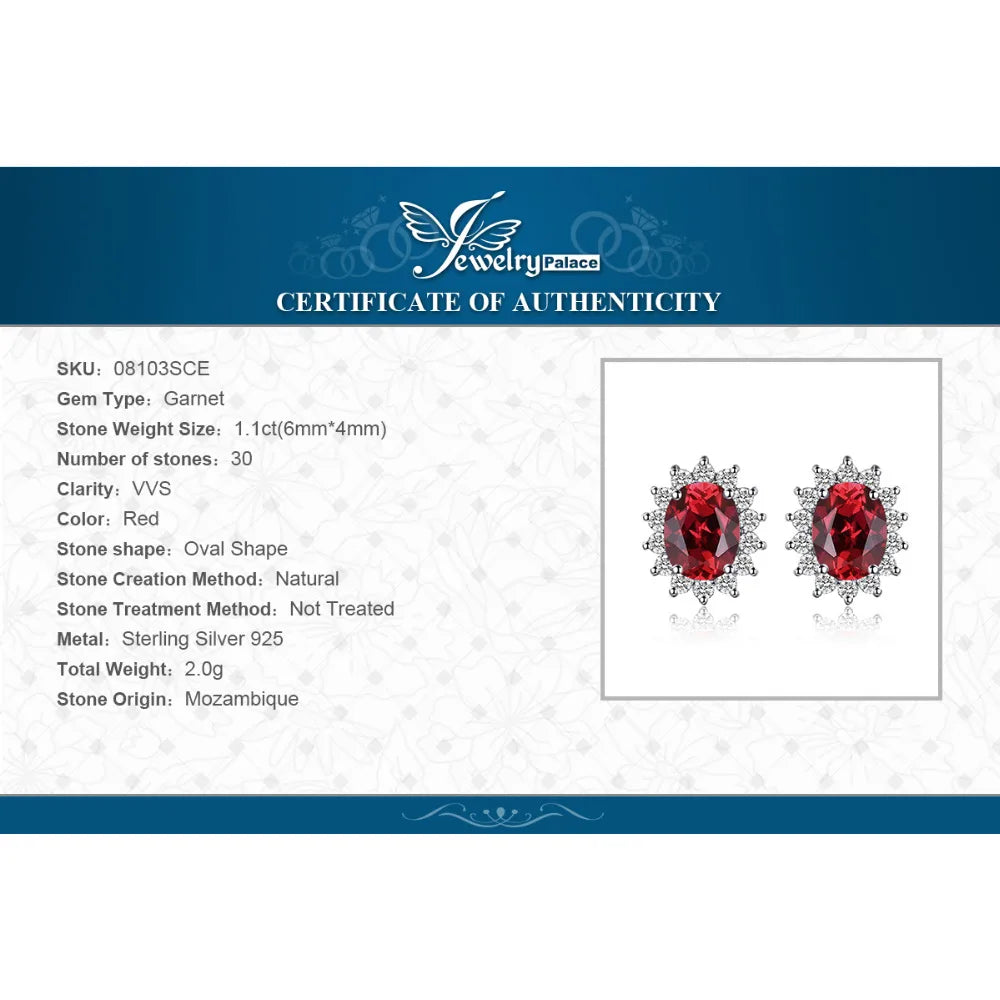 JewelryPalace Diana 1.1ct Natural Garnet 925 Sterling Silver Engagement Stud Earrings for Woman Trendy Party Gift Fine Jewelry