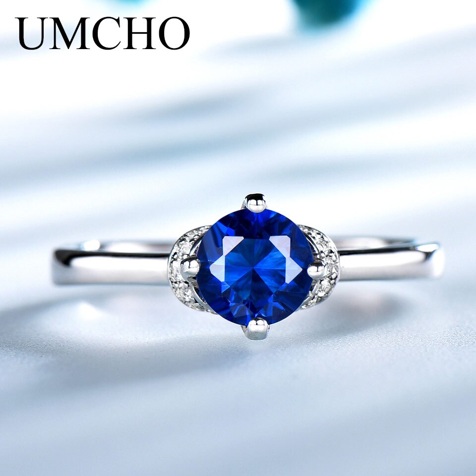 UMCHO Blue Sapphire Gemstone Rings for Women Genuine 925 Sterling Silver Halo Promise Ring Engagement Wedding Party Jewelry Gift