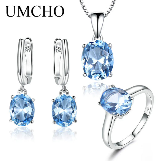 UMCHO Sky Blue Topaz Gemstone Wedding Jewelry Sets for Women 925 Sterling Silver Engagement Rings Necklace Pendant Clip Earrings