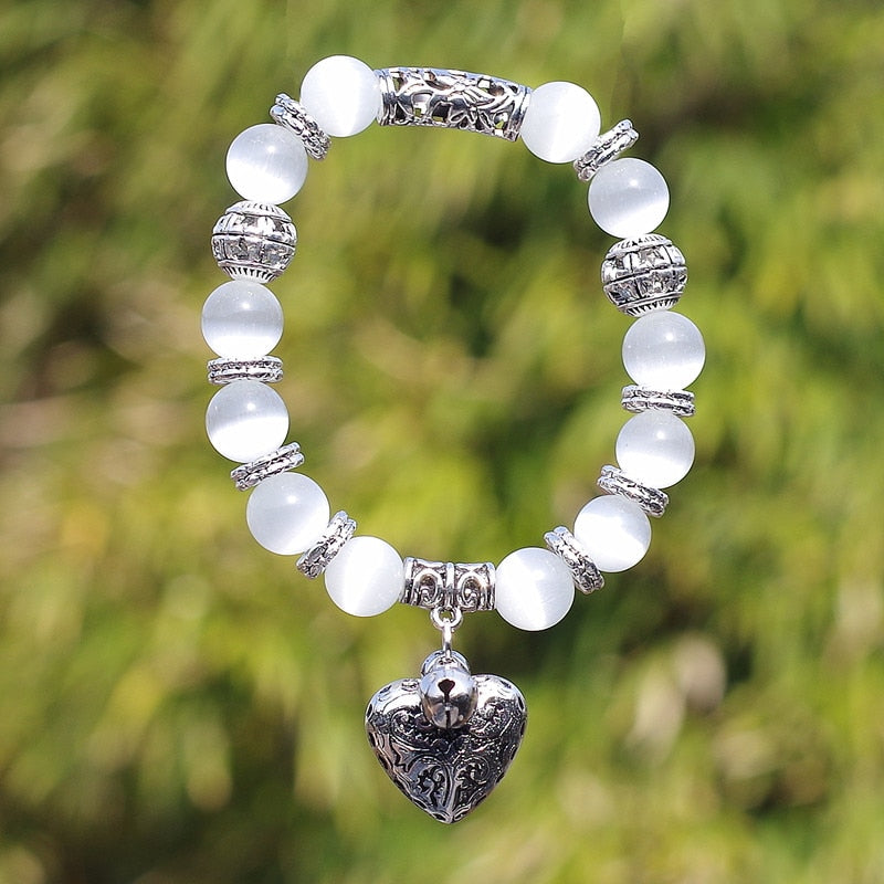 10mm Opal Obsidian Tiger Eye Natural Stone Bracelet with Heart Pendant Charms Strand Bracelet DIY Beaded Bracelet for Women Men