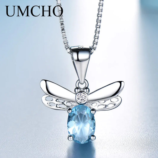 UMCHO Sky Blue Topaz Pendants Necklaces 925 Sterling Silver Jewelry Lovely Honey Bee Design Pendant With Chain Fine Jewelry