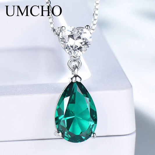 UMCHO 2019 New Fashion 925 Sterling Silver Pendant Necklace for Women Nano Emerald Zircon Chain Anniversary Necklace With Chain