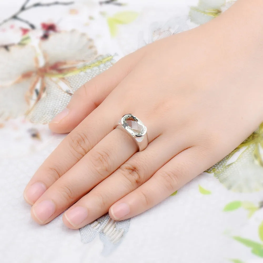 Hutang Women's Ring 5 carats Natural Green Amethyst Wedding Rings 925 Sterling Silver Gemstone Fine Elegant Classic Jewelry Gift