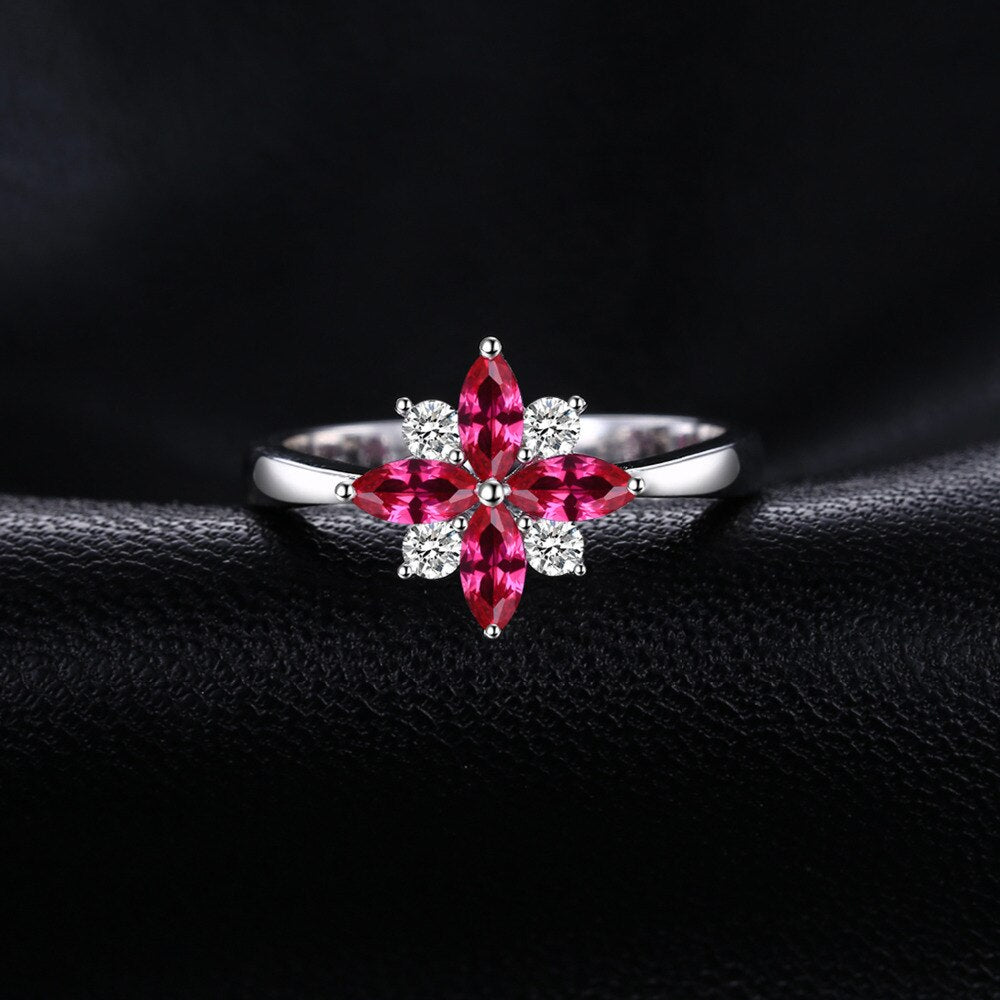 JewelryPalace Flowers Created Ruby 925 Sterling Silver Statement Ring for Woman Fashion Red Gemstone Jewelry Anniversary Gift